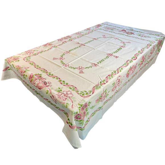 VTG 103.5" x 62" Cotton White Rectangular Christmas Tablecloth Sleigh Holly READ - Picture 5 of 10